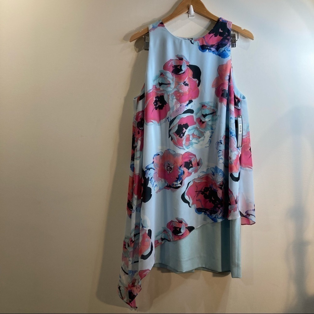 TAHARI Sz 14 Handkerchief Overlay Bold Pastel Floral Zipper in Back Dress